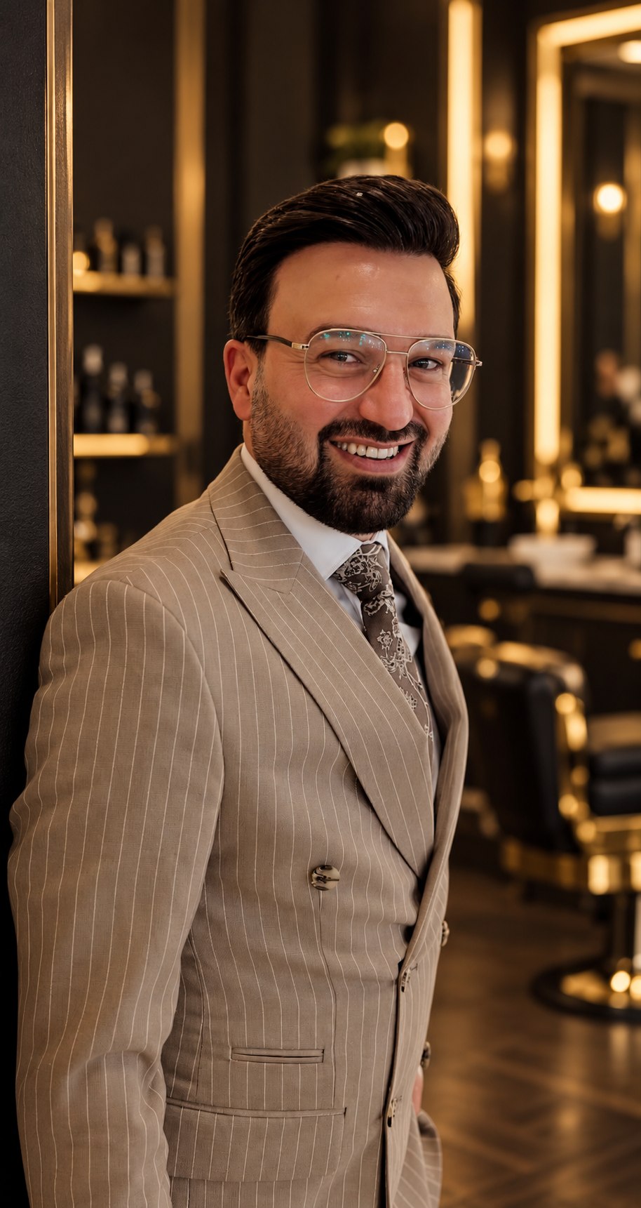 Meister Shero in einem eleganten Friseursalon mit warmem Goldlicht